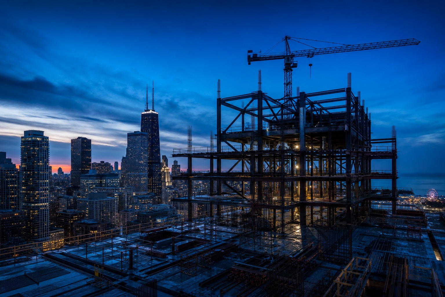 Steel-framed skyscraper under construction at dusk