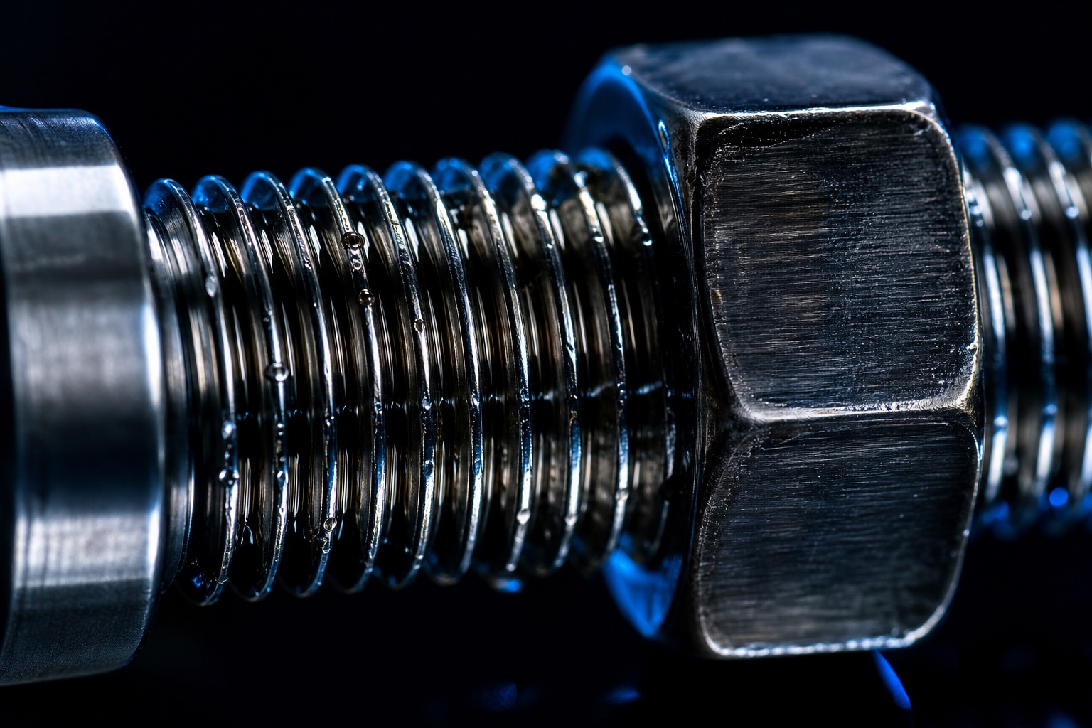 Macro detail of polished steel bolt threads
